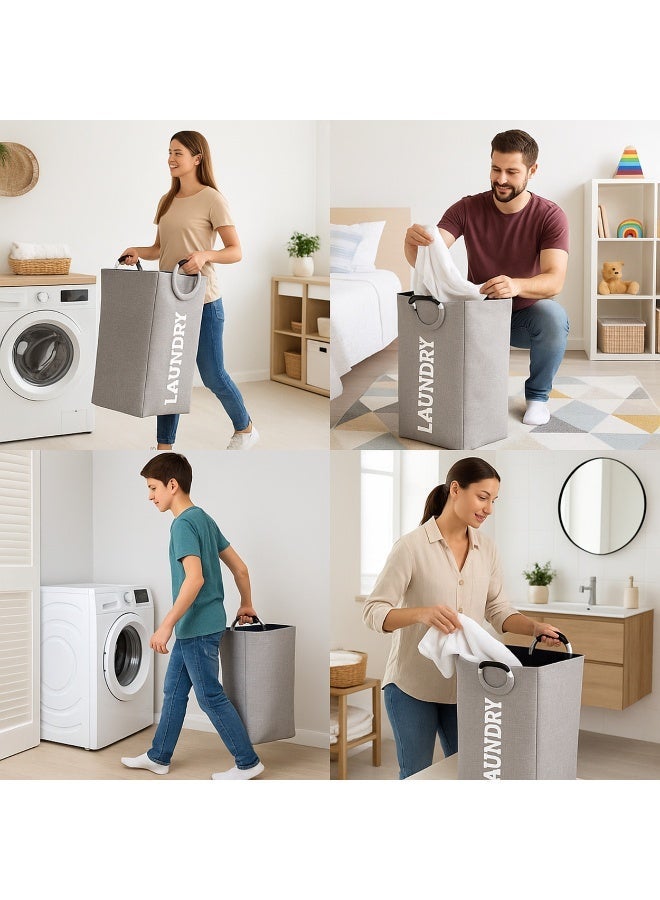 Rectangular Fabric Laundry Hamper Foldable for Clothes Storage Organizer – Padded Aluminum Handles Laundry Basket-Grey - Image 5